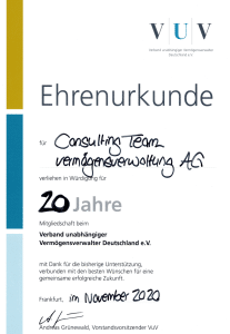 Ehreurkunde - 20 Jahre Mitgliedschaft beim VuV DEU e.V. 2020