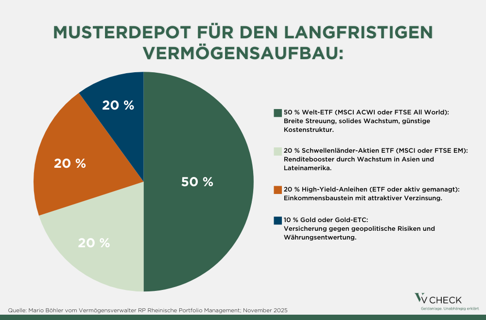 Kreisdiagramm mit der Überschrift „Musterdepot für den langfristigen Vermögensaufbau“. Dargestellt sind vier Anteile: 50 % Welt-ETF, 20 % Schwellenländer-Aktien-ETF, 20 % High-Yield-Anleihen und 10 % Gold oder Gold-ETC, jeweils farblich getrennt und mit Legende erläutert.