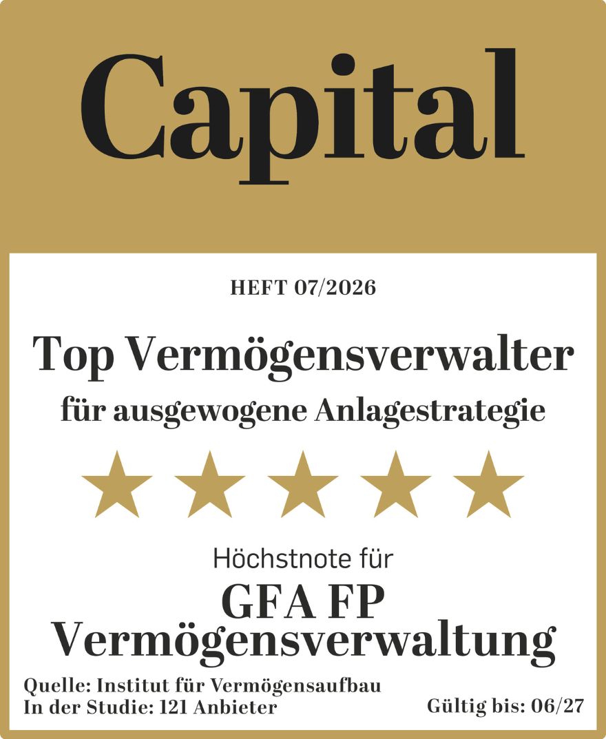 Das Bild zeigt die Auszeichnung von Capital als Top Vermögensverwalter für ausgewogene Anlagestrategie der GFA FP Vermögensverwaltung