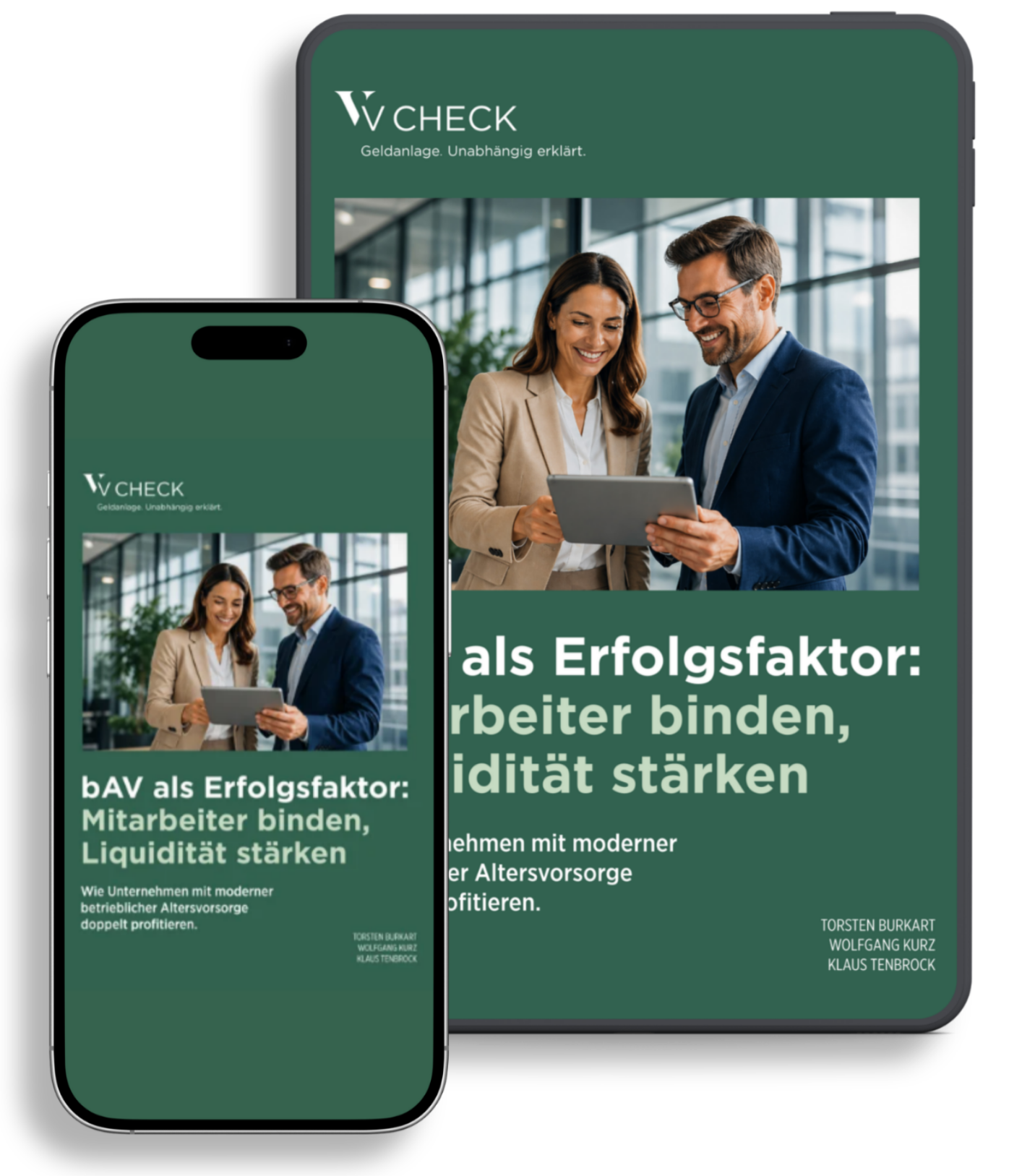 Mock-up eines E-Books auf Smartphone und Tablet mit dem Titel „bAV als Erfolgsfaktor: Mitarbeiter binden, Liquidität stärken“.